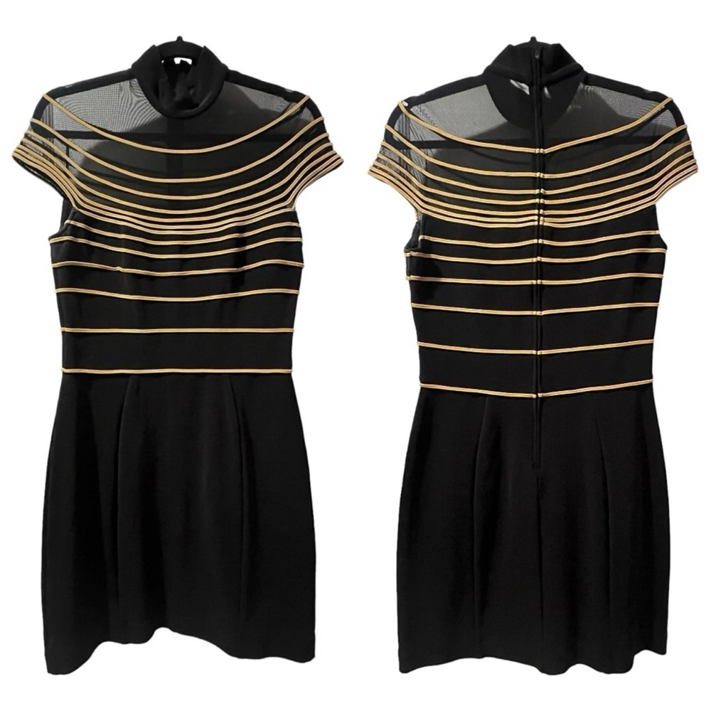 Tadashi Sz M Black Gold Cap Sleeve Cocktail Mini Dress Gold Striped Embroidered